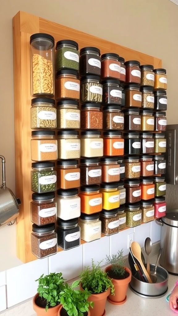 DIY seasoning wall rack with glass jars of spices, mounted on a kitchen wall.